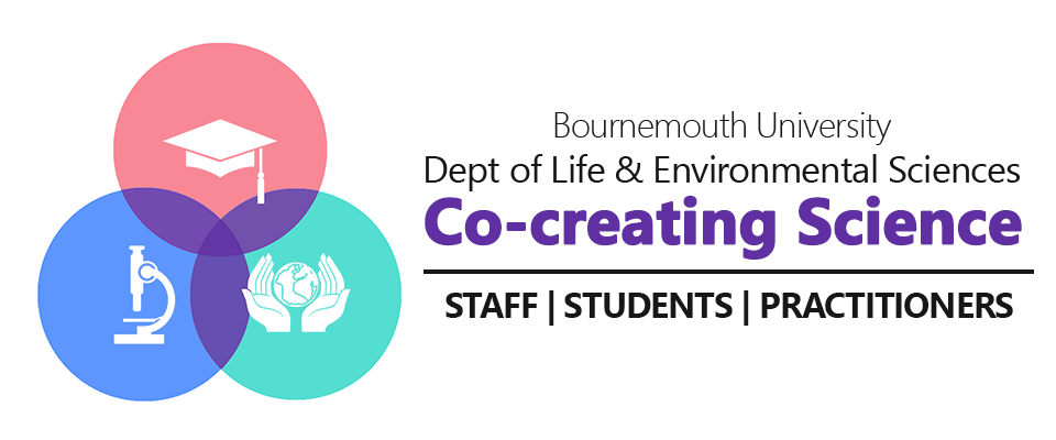 bournemouth university cocreate for science logo, wide logo. cocreate4science. Department of life and environment sciences